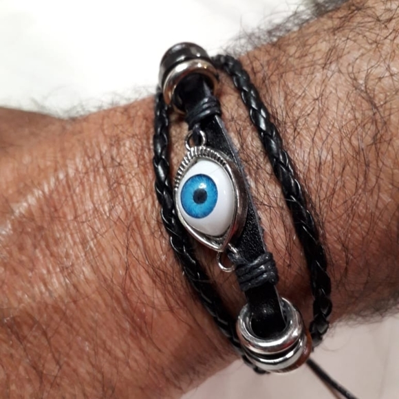 Blue EYE BALL Leather Wristband Bracelet - Picture 4 of 7